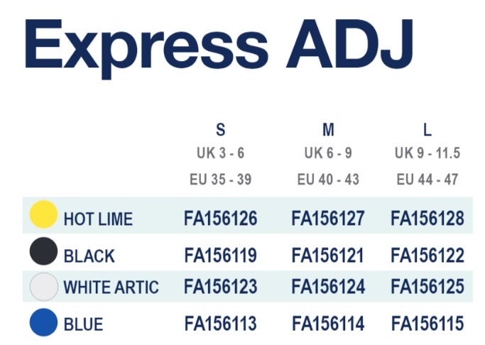 Tableau guide des tailles palmes Express ADJ